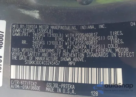 2012 Toyota Sienna Le V6 8 Passenger from USA, damaged, VIN 5TDKK3DC4CS245457